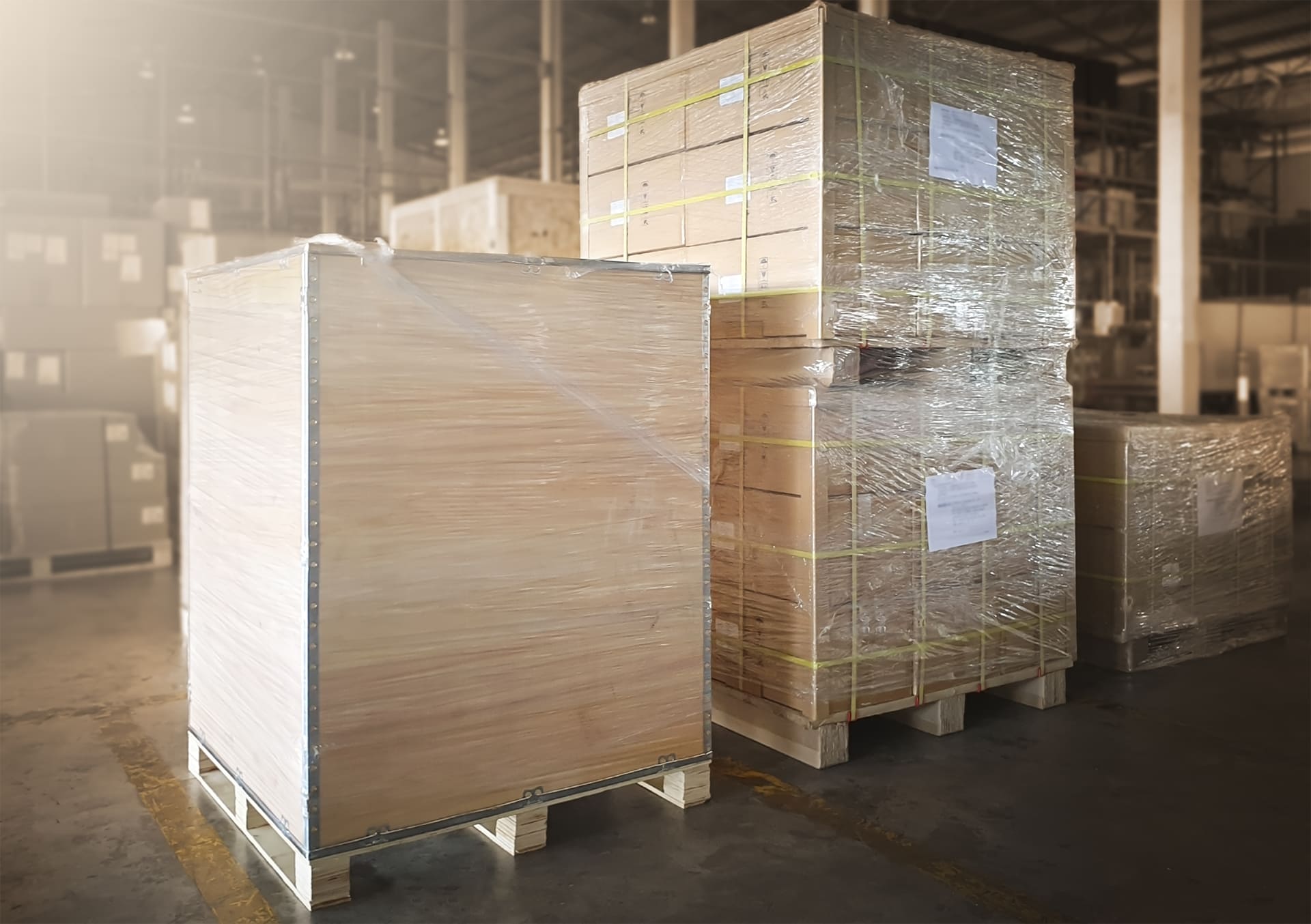 package boxes wrapped plastic film pallets storage warehouse shipping warehouse logistics